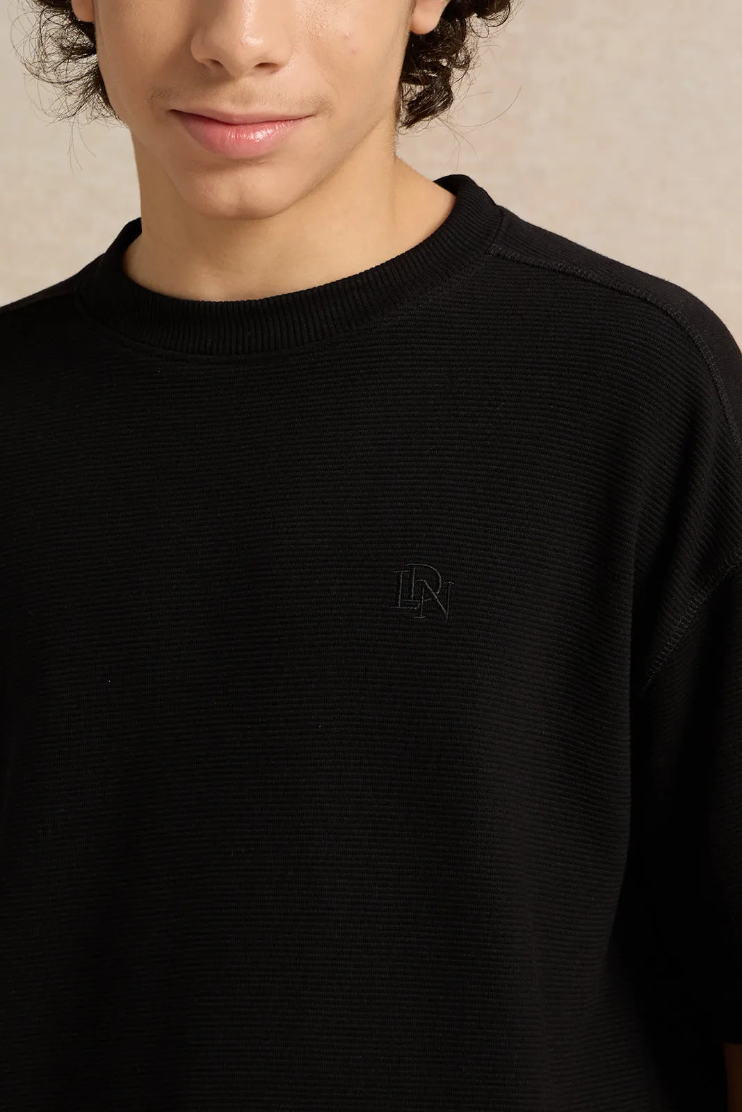 Senior Boys Black Jacquard Oversize T-Shirt