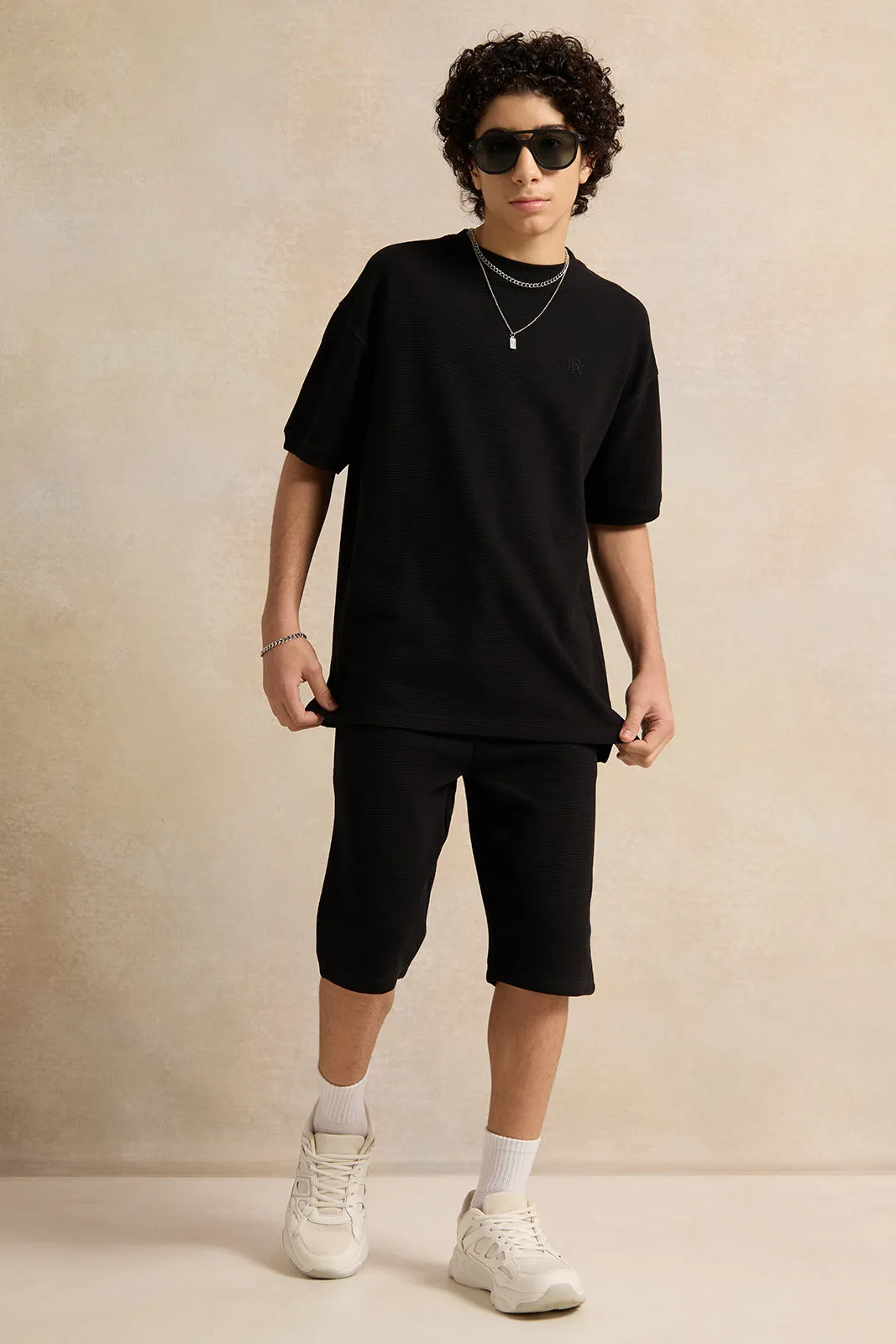 Senior Boys Black Jacquard Oversize T-Shirt