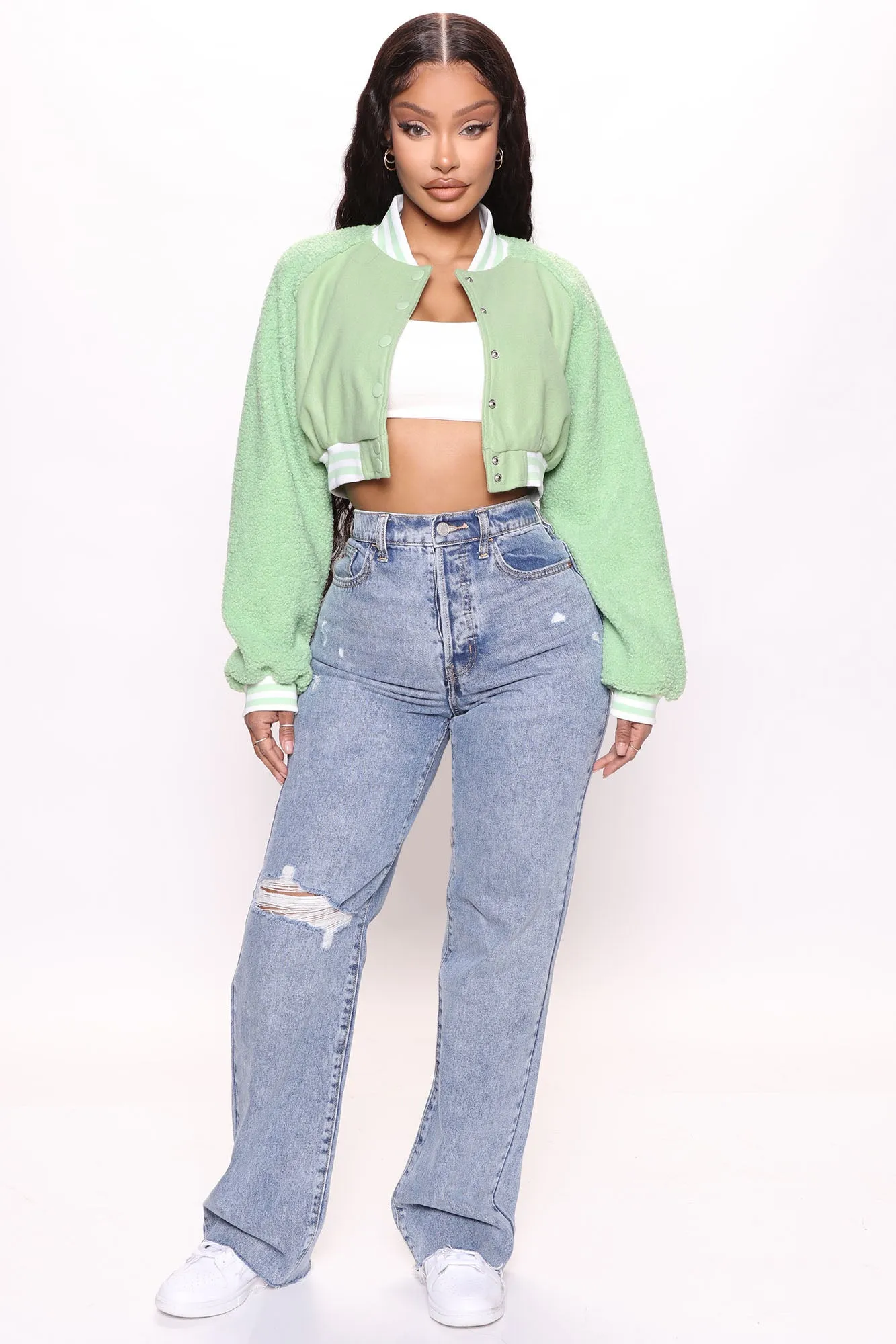 She's Popular Cropped Varsity Jacket - Green