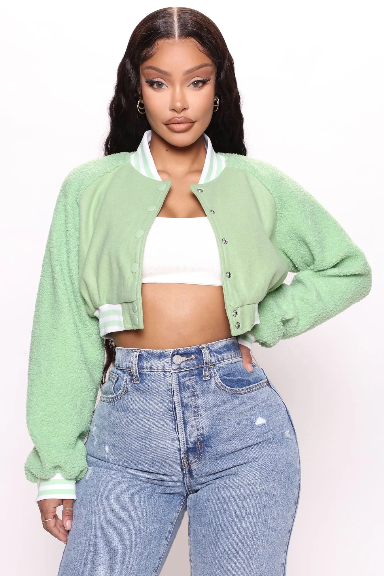 She's Popular Cropped Varsity Jacket - Green