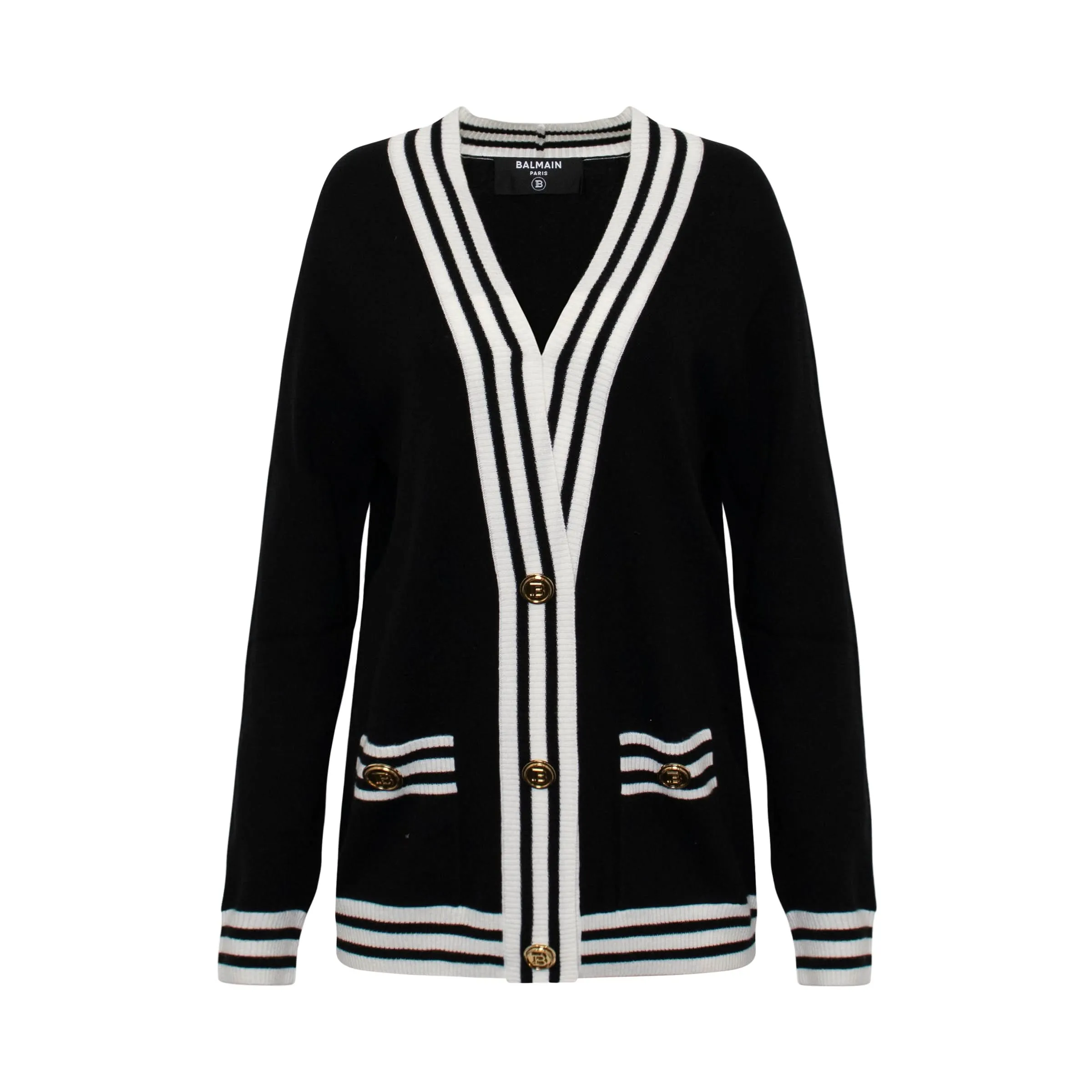 Stripe Trim Logo Cardigan in Black