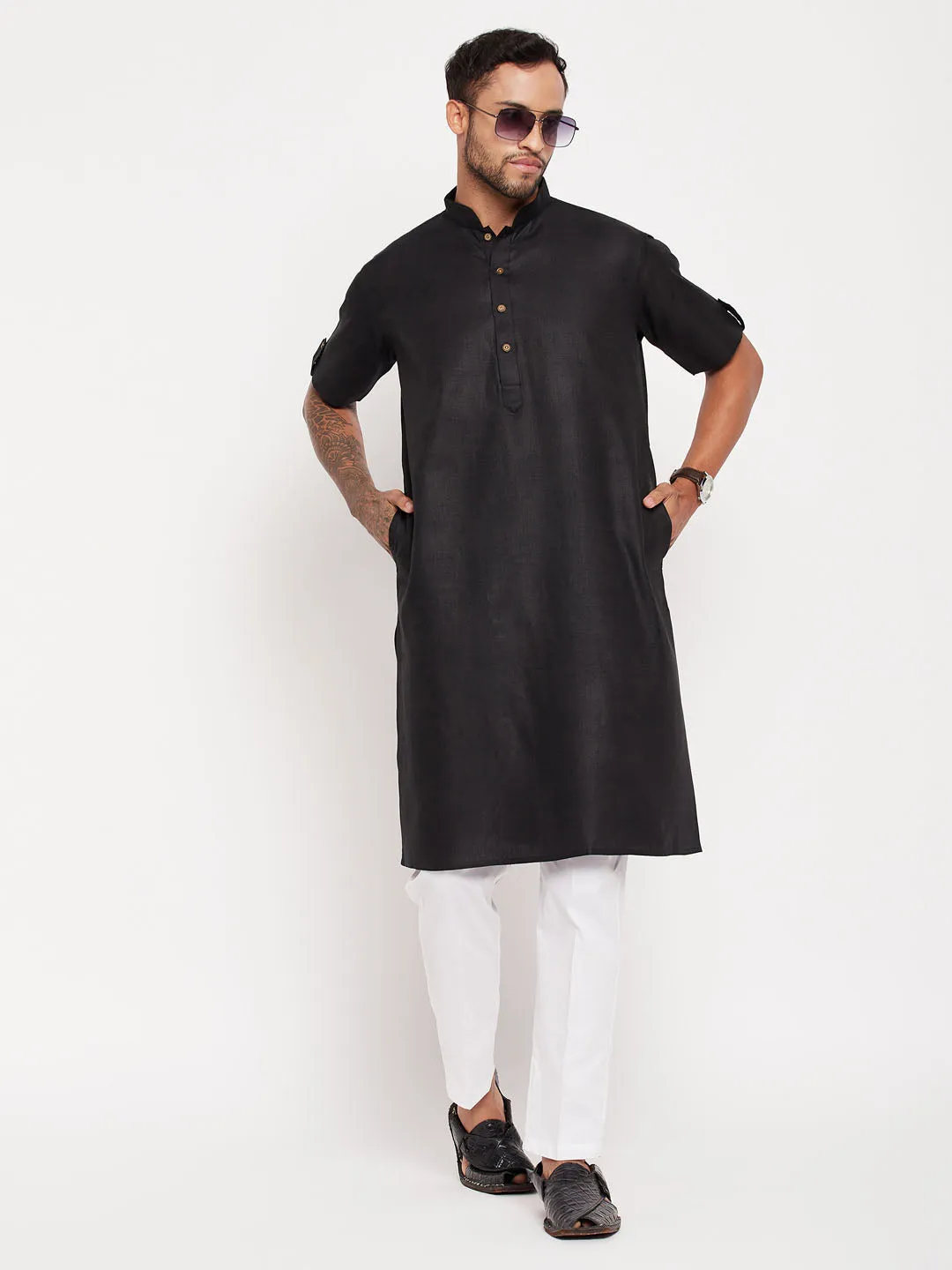 VASTRAMAY Men's Black Kurta Set with White Pyjama