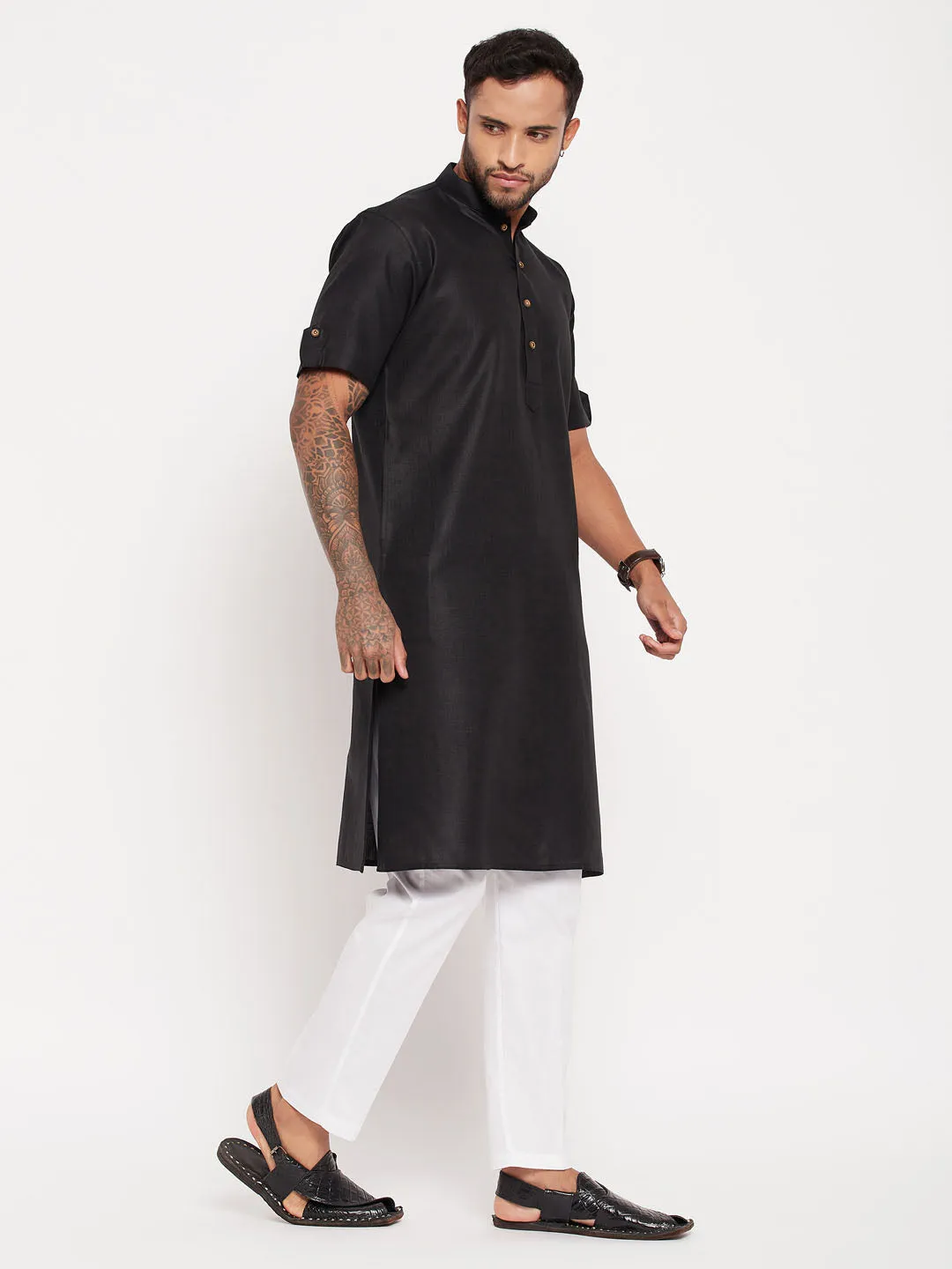 VASTRAMAY Men's Black Kurta Set with White Pyjama