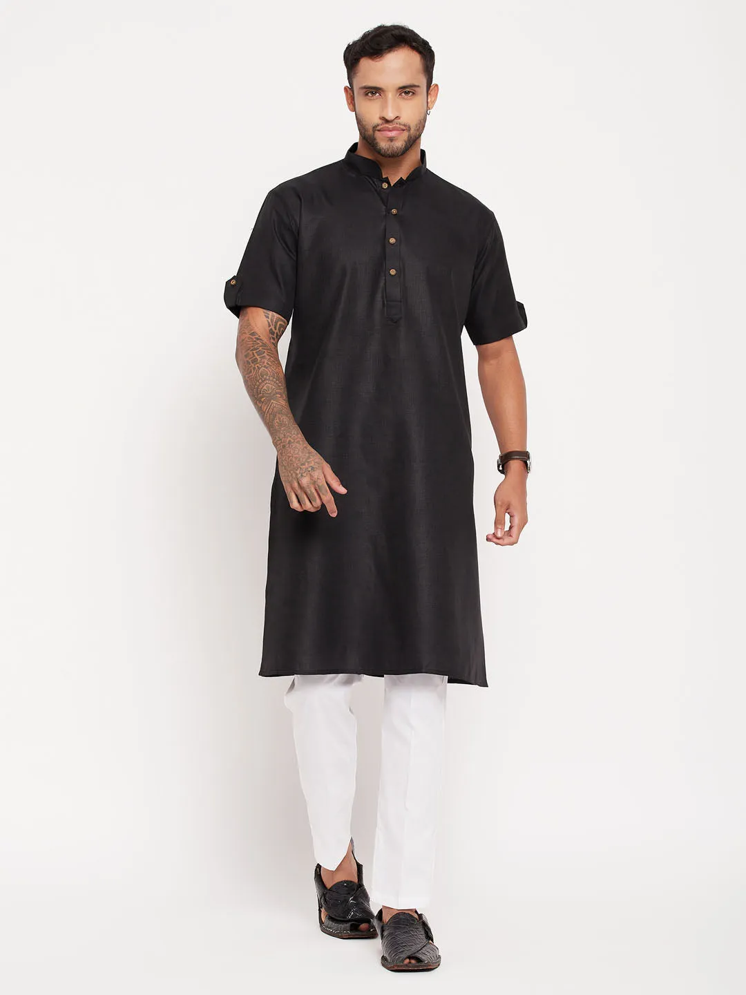 VASTRAMAY Men's Black Kurta Set with White Pyjama