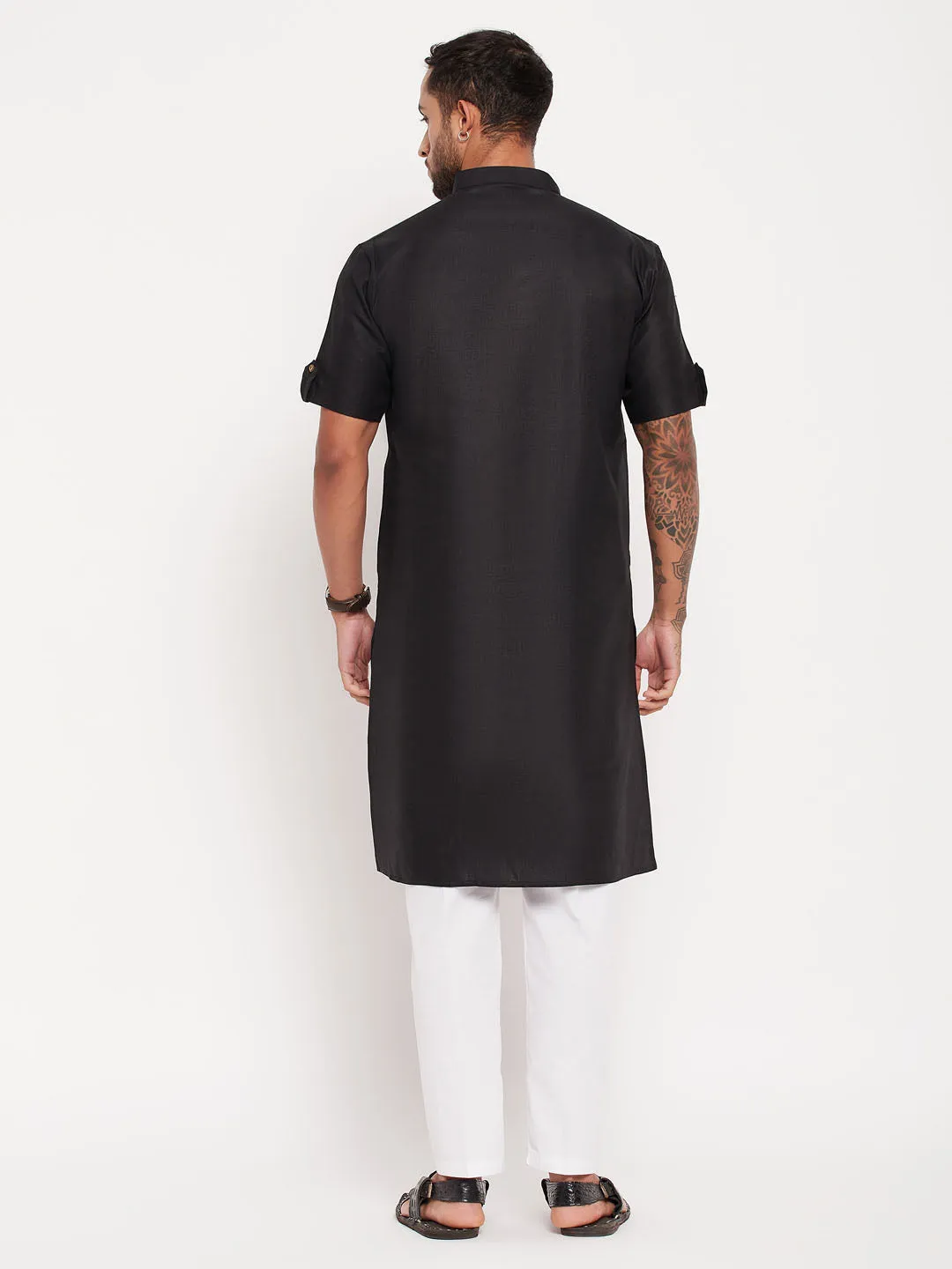 VASTRAMAY Men's Black Kurta Set with White Pyjama