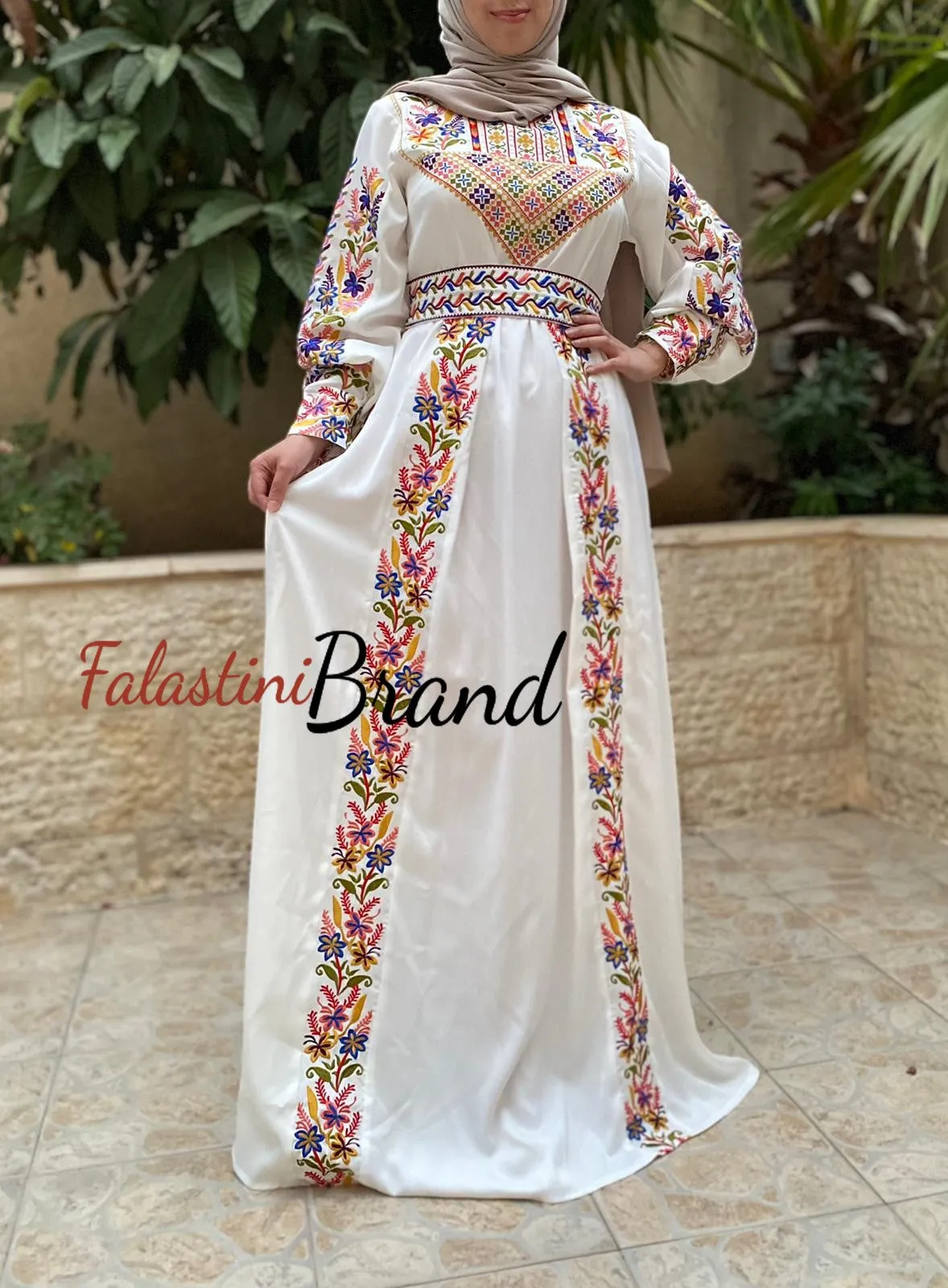 White Satin Flowy Thob Dress With Silver Gorgeous Embroidery