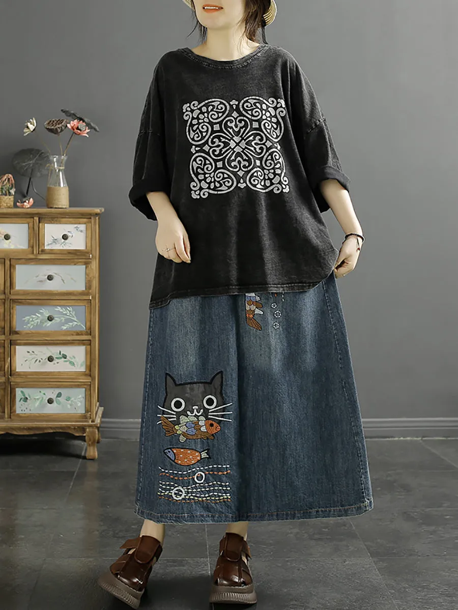 Women Summer Casual Cat Fish Embroidery Denim Skirt KL1008